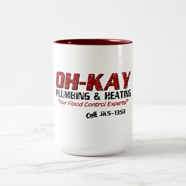 OH-KAY Plumbing & Heating (Distressed) Two-Tone Coffee Mug (Center)