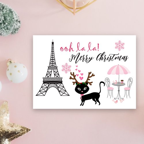 Oh La La Cute Cat Paris Eiffel Tower Christmas Holiday Card