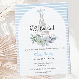 Oh La La French Paris Boy Blue Trendy Baby Shower Invitation