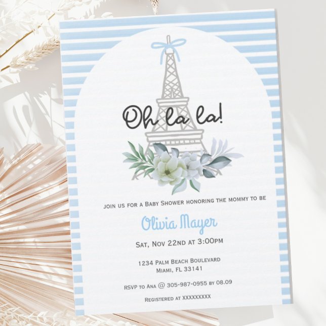 Oh La La French Paris Boy Blue Trendy Baby Shower Invitation (Creator Uploaded)