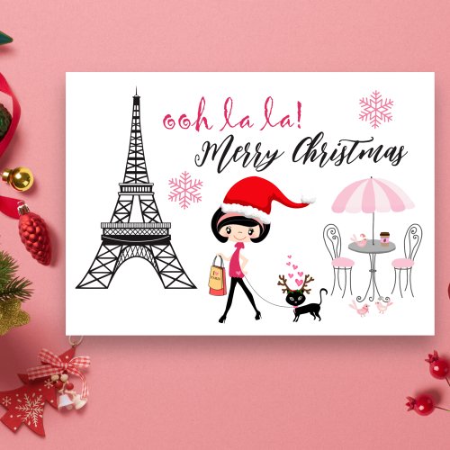 Oh La La Girl and Cat Paris Eiffel Tower Christmas Holiday Card