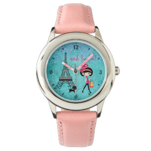 Oh La La Paris Girl and Cat With Eiffel Tower Watch