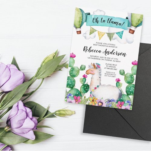 Oh La Llama Watercolor Baby Shower Fiesta Invitation