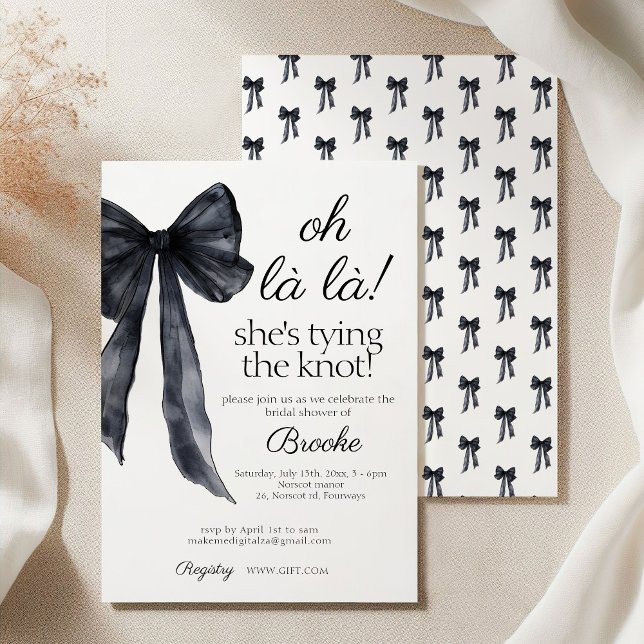 oh la She's Tying the Knot black bow Bridal Shower Invitation (Creator Uploaded)
