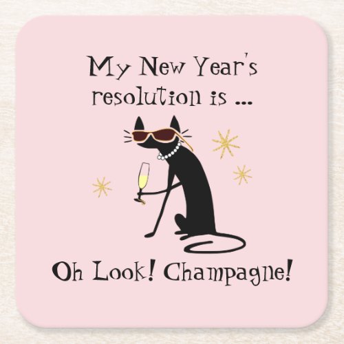 Oh Look Champagne New Years Cat Square Paper Coaster