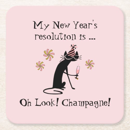 Oh Look Champagne New Years Cat Square Paper Coaster