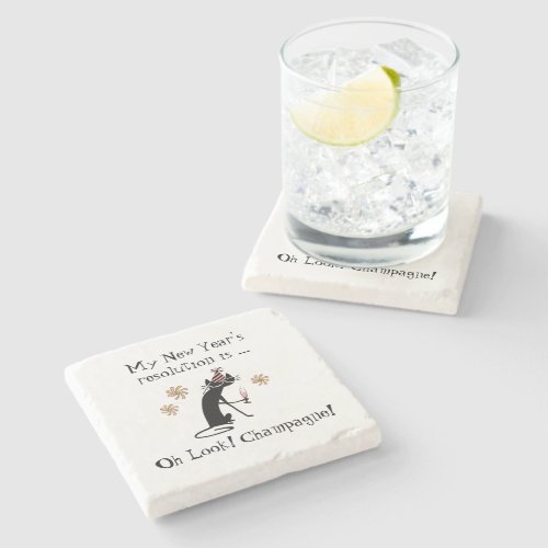 Oh Look Champagne New Years Cat Stone Coaster