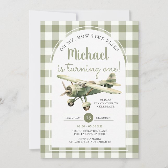 Oh My How to Flies Airplane Birthday Green Gingham Invitation (Front)
