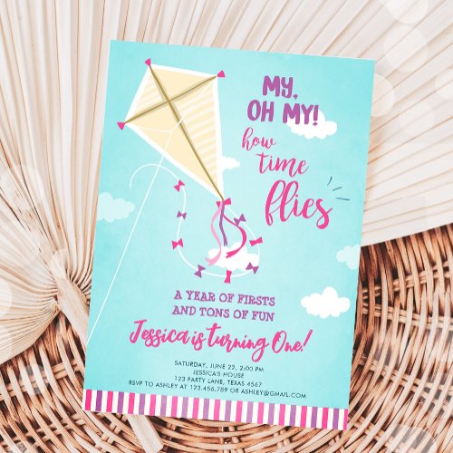 Oh My Time Flies Kite Summer Girl First Birthday Invitation
