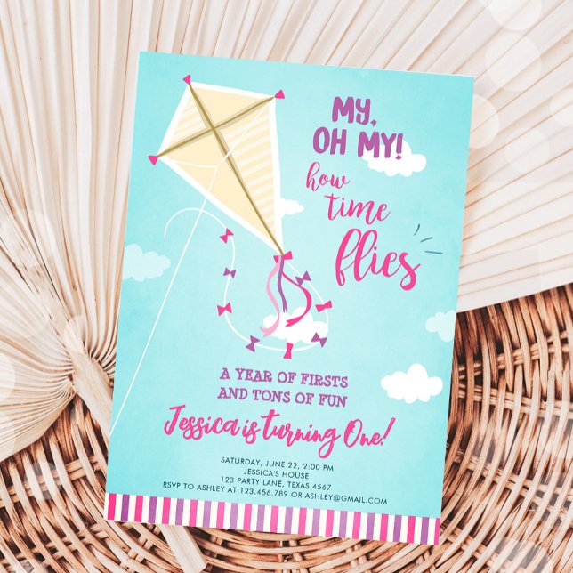 Oh My Time Flies Kite Summer Girl First Birthday Invitation (Creator Uploaded)