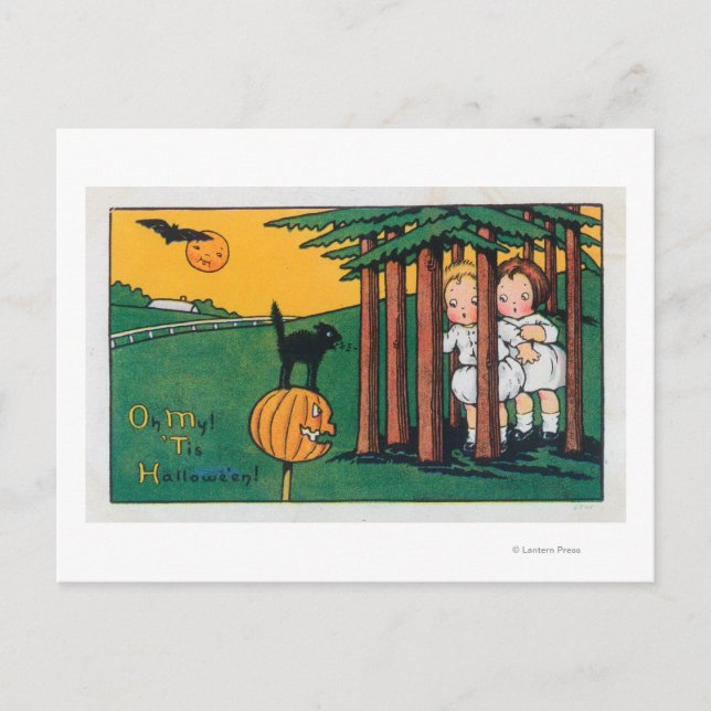 Oh My Tis Halloween Black Cat Scaring Kids Postcard (Front)
