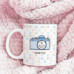 Oh Snap! Blue Pastel Camera Coffee Mug<br><div class="desc">A cute hand drawn camera in pastel colors on a patterned background of coordinating pale squares. The saucy words "oh snap" bulge in the space for the lens. Perfect for a teen or photography buff. Comes with camera in pink, blue, or yellow to match with the background. Matching products available....</div>
