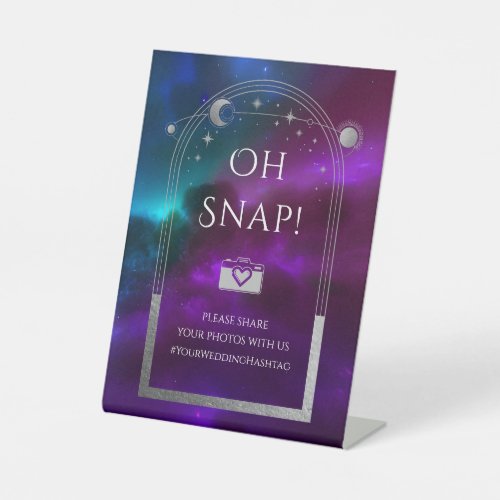 Oh Snap Cosmic Purple Teal Sun Moon Stars Wedding Pedestal Sign