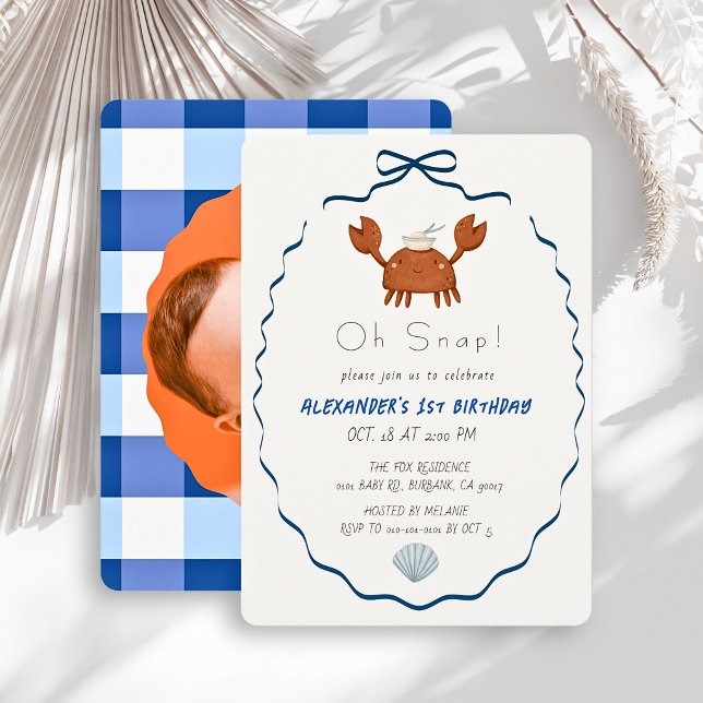 Oh Snap Crab Blue Bow Boy Photo 1st Birthday Invitation (Creator Uploaded)