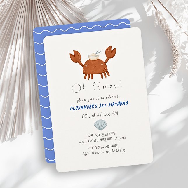 Oh Snap Crab Blue Waves Boy 1st Birthday Invitation (Creator Uploaded)
