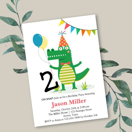 Oh Snap Cute Alligator in Swamp Kids Birthday  Invitation