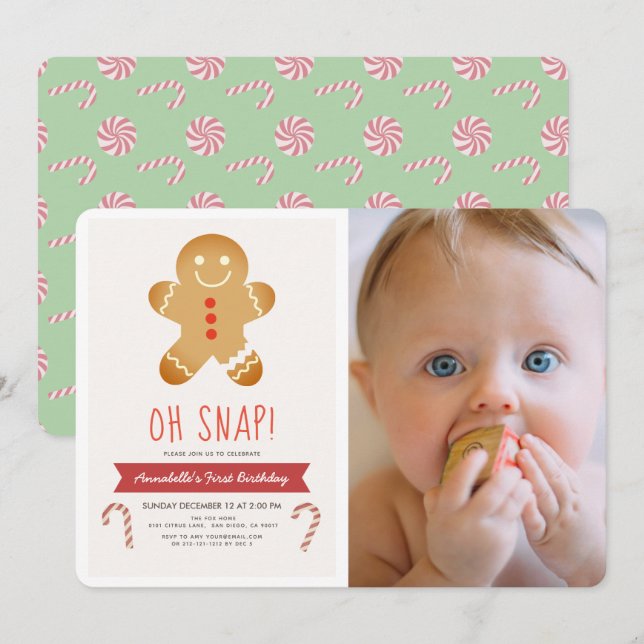 Oh Snap Gingerbread Man Kids Photo Birthday Invitation (Front/Back)