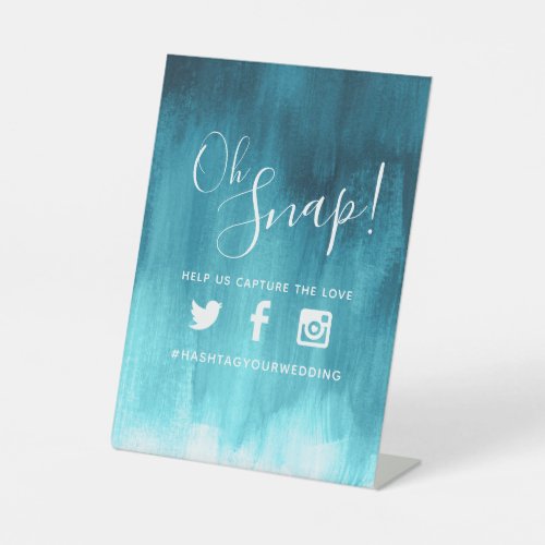 Oh snap hashtag wedding aqua modern art pedestal sign