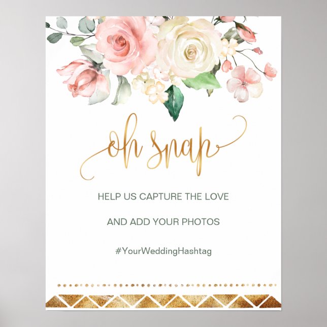 Oh Snap Hashtag Wedding sign apricot pink roses (Front)