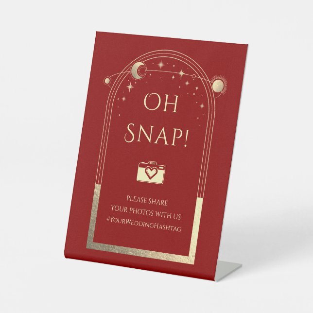 Oh Snap Mystical Plum Gold Sun Moon Wedding Pedestal Sign (Front)