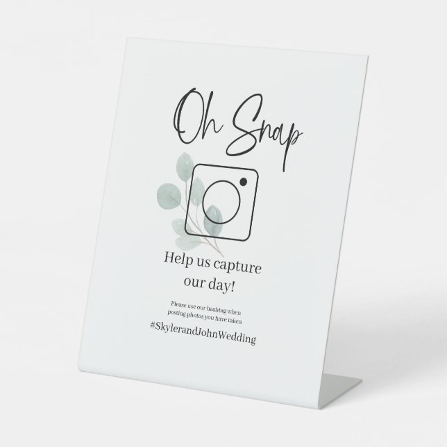 Oh Snap Table Top Eucalyptus Wedding Pedestal Sign (Front)