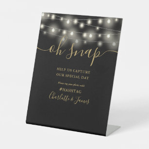 Oh Snap Wedding String Lights Black And Gold Pedestal Sign