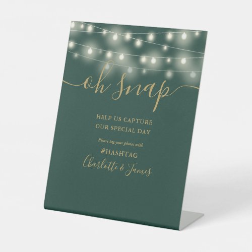 Oh Snap Wedding String Lights Green And Gold Pedestal Sign