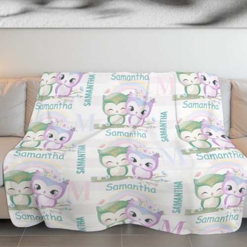 Oh So Adorable Owls on a Branch Name Pattern Girls Fleece Blanket