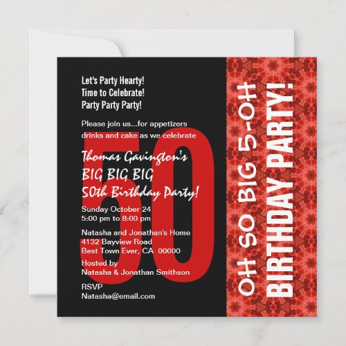 Oh So Big 50th Birthday Black and Red Pattern Custom Invitation