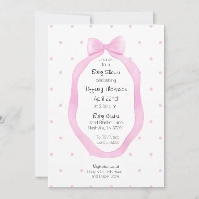 Oh So Cute Pink and White Bow Ribbon Polka Dots Invitation (Front)