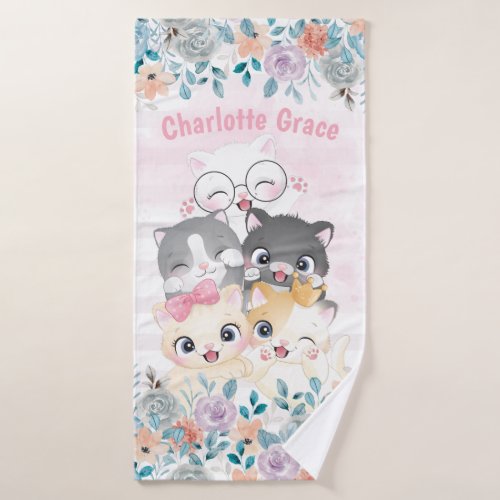 Oh So Girly Cute Happy Kitten Friends Floral Name Bath Towel