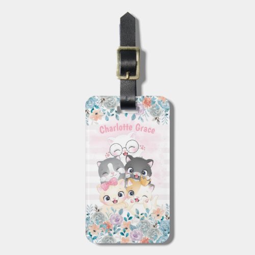 Oh So Girly Cute Happy Kitten Friends Floral Name Luggage Tag