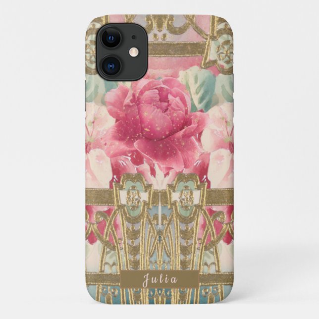 Oh So Girly Pink and Gold Vintage Floral Case-Mate iPhone Case (Back)