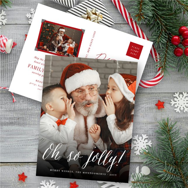 Oh So Jolly Simple Script Modern Christmas Photo Holiday Postcard (Creator Uploaded)
