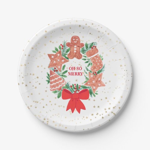 Oh So Merry Christmas Wreath Gold Stars  Paper Plates