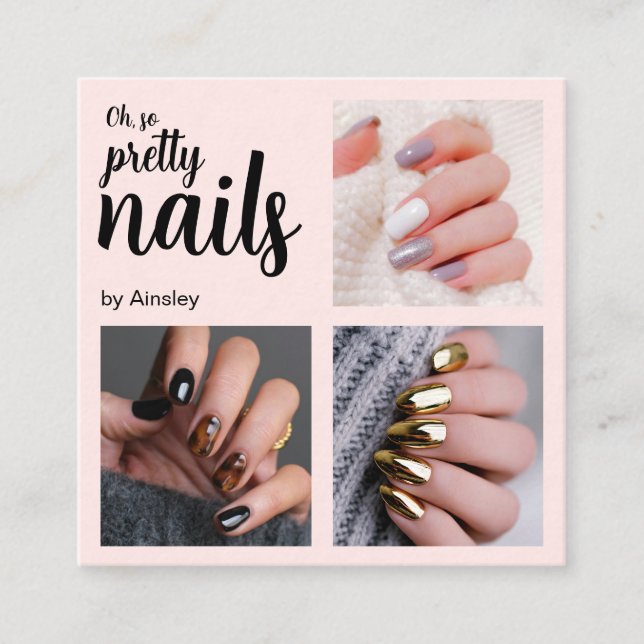 Oh So Pretty Nail Artist Pink Script Photo Square Business Card (Front)