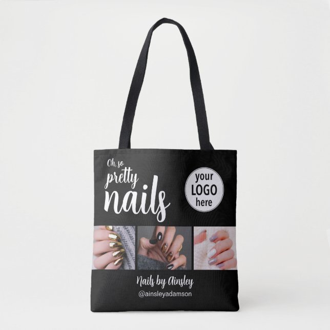 Oh So Pretty Nail Artist Script Logo 3 Photo Black Tote Bag (Front)