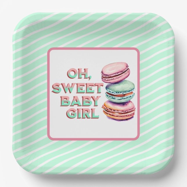 Oh Sweet Baby Girl Macaron Themed Baby Shower Paper Plates (Front)