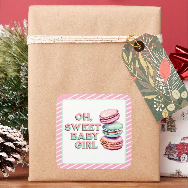 Oh Sweet Baby Girl Macaron Themed Baby Shower Square Sticker (Holiday)