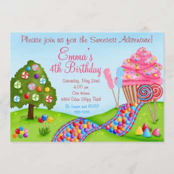Oh Sweet Candy Land Birthday Cupcake Invitations by LittlebeaneBoutique at Zazzle