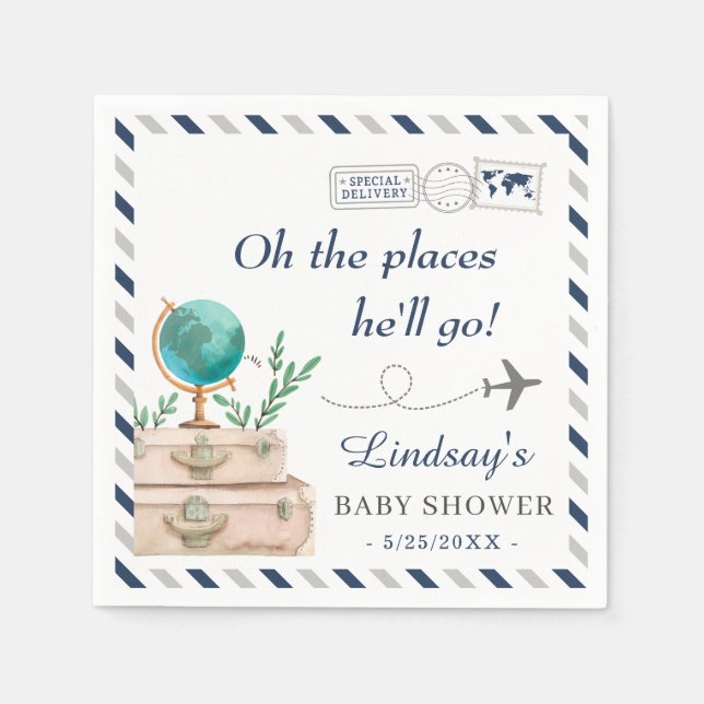 Oh the Places He'll Go Adventure Boy Baby Shower Napkins (Front)