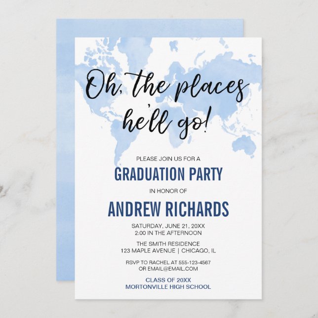 Oh the places he'll go blue graduation party invitation (Front/Back)