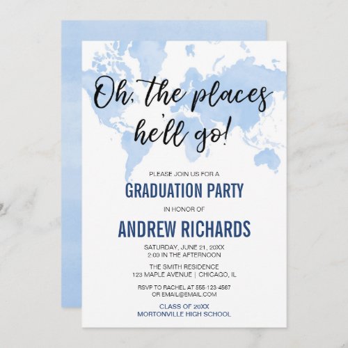 Oh the places hell go blue graduation party invitation