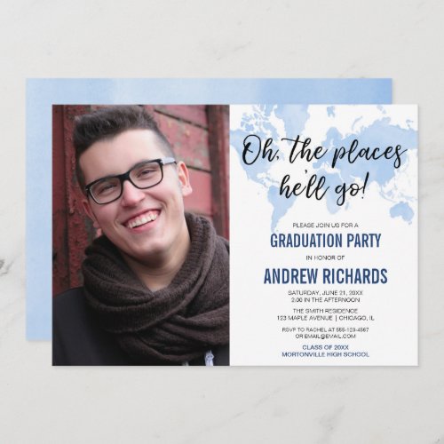 Oh the places hell go blue graduation party photo invitation