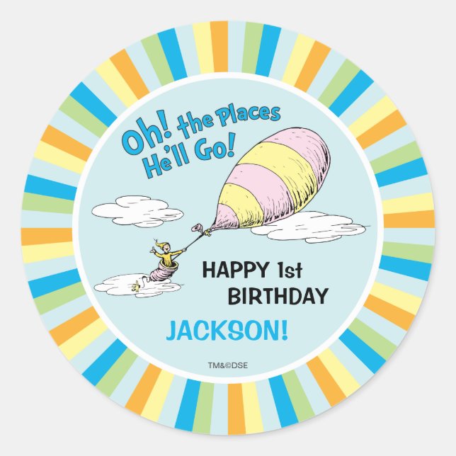 Oh, The Places He'll Go! - First Birthday Classic Round Sticker (Front)