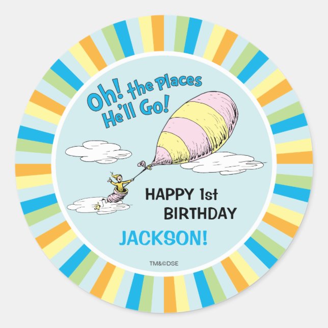 Oh, The Places He'll Go! - First Birthday Classic Round Sticker (Front)