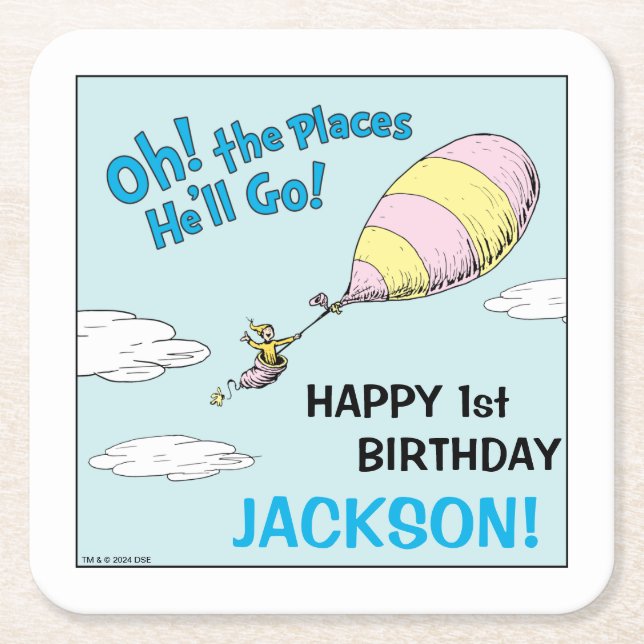 Oh, The Places He'll Go! - First Birthday Square Paper Coaster (Front)