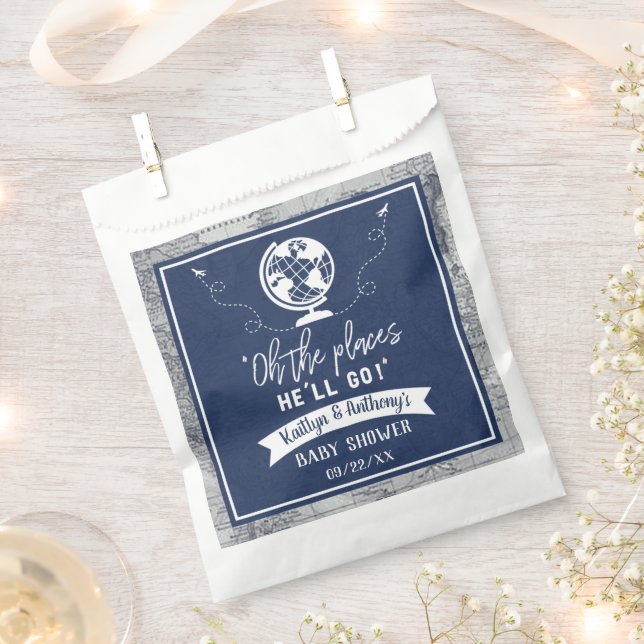 "Oh The Places He'll Go!" Travel Map Baby Shower Favor Bag (Clipped)