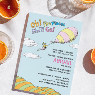 Oh, The Places She'll Go! - First Birthday Invitation