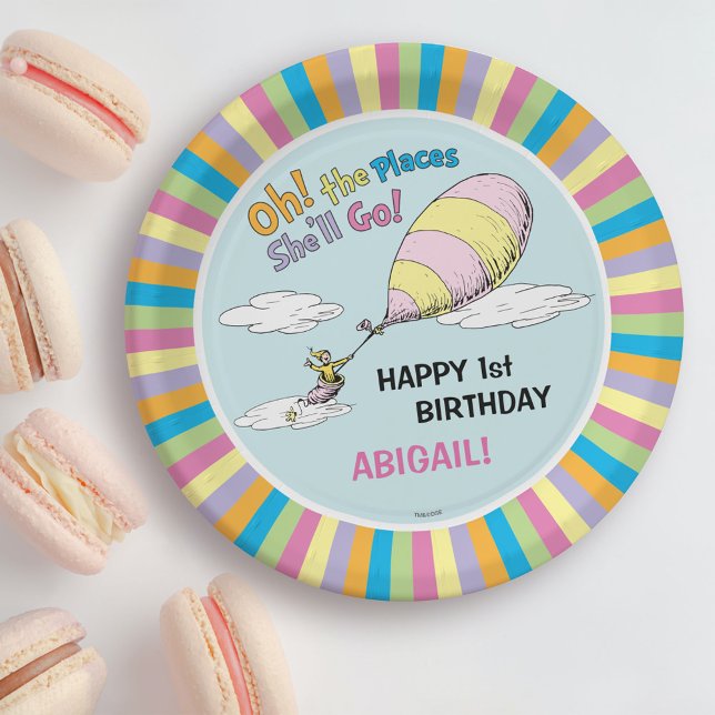 Oh, The Places She'll Go! - First Birthday Paper Plates (Plate on table)